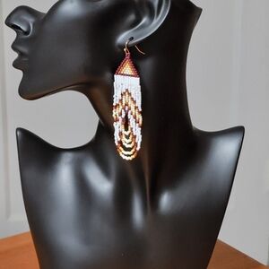 Beaded Earrings - White Bugle beads, Brown, Ivory, & White seed beads.